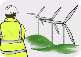 Worker in front of wind turbines